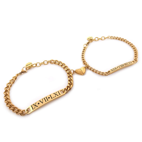 Bracciali di coppia in acciaio personalizzabili con incisione di un nome, una frase, una data a catena con cuore magnetico oro