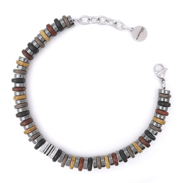 Bracciale da uomo con ematite e ceramica greca blu inserto in acciaio braccialetto regolabile