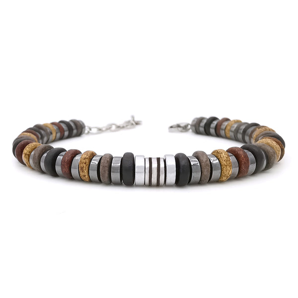 Bracciale da uomo con ematite e ceramica greca blu inserto in acciaio braccialetto regolabile