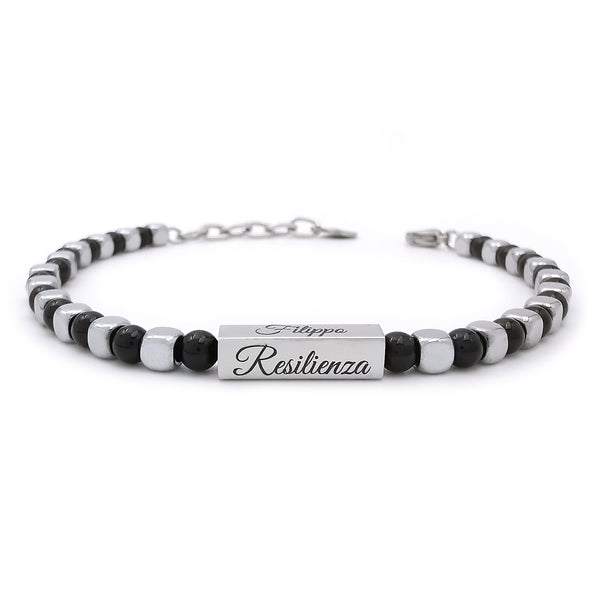 Bracciale da uomo personalizzato con incisione su acciaio e pietre dure ematite e onice nero braccialetto regolabile