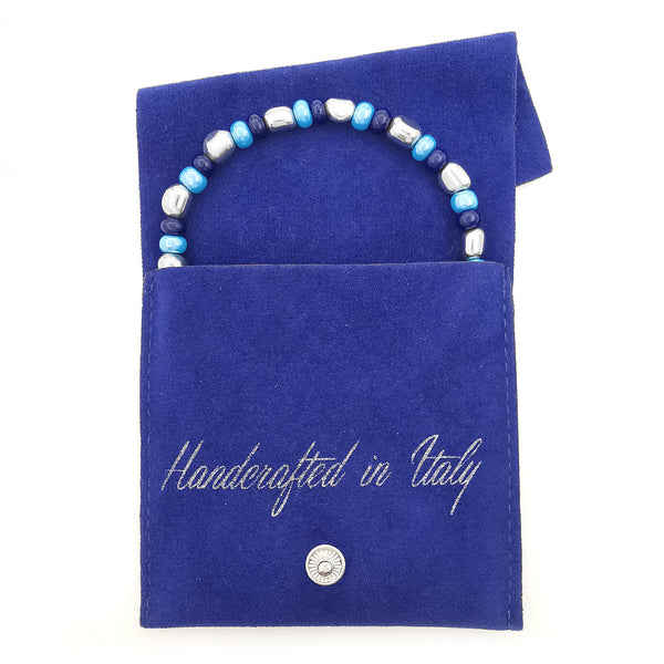 Bracciale da uomo nuggets pepite ematite con perline vetro di Boemia blu azzurro lucido braccialetto