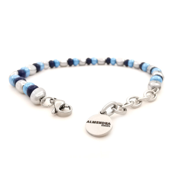 Bracciale da uomo nuggets pepite ematite con perline vetro di Boemia blu azzurro lucido braccialetto