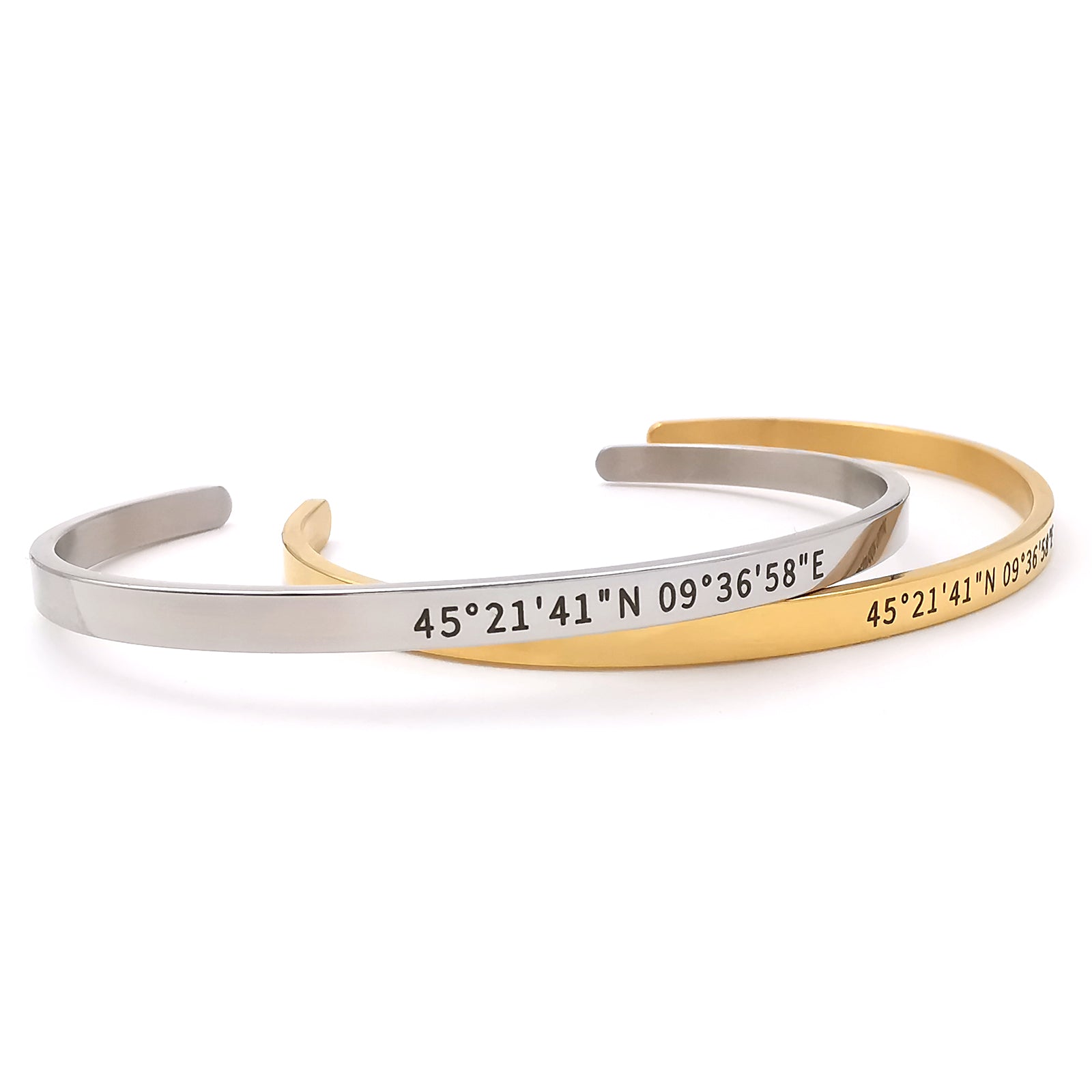 Bracciale personalizzato con coordinate geografiche e frase segreta in acciaio a fascia rigida color oro o argento braccialetto regolabile