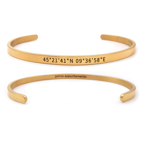Bracciale personalizzato con coordinate geografiche e frase segreta in acciaio a fascia rigida color oro o argento braccialetto regolabile