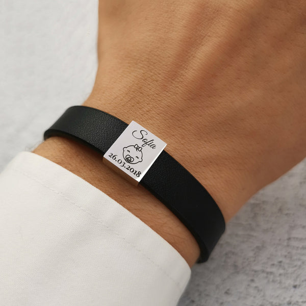 Bracciale personalizzato con incisione su inserto in acciaio e cinturino in simil pelle nero braccialetto regolabile