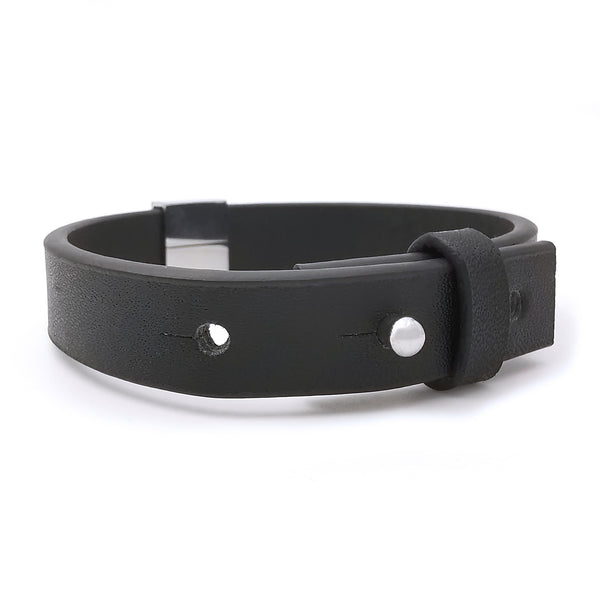 Bracciale personalizzato con incisione su inserto in acciaio e cinturino in simil pelle nero braccialetto regolabile